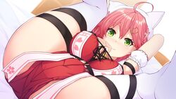  absurdres ahoge arm_up breasts closed_mouth female folded green_eyes hair_ornament hairclip highres hololive looking_at_viewer lying official_alternate_costume otaku_heishi pink_hair protected_link sakura_miko sakura_miko_(work) solo spread_legs thighhighs virtual_youtuber white_thighhighs 