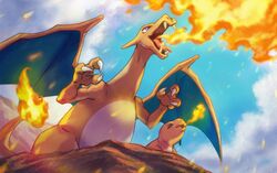  bad_id bad_twitter_id blue_eyes breath_weapon breathing_fire charizard charmander claws cloud commentary day evolutionary_line fangs fire flame-tipped_tail from_below misica no_humans open_mouth outdoors pokemon pokemon_(creature) sky standing tongue 