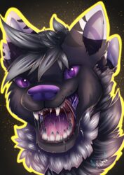  2019 absurd_res ambiguous_gender canid digital_media_(artwork) feral headshot_portrait hi_res looking_at_viewer mammal mane mouth_shot naahva open_mouth portrait purple_eyes solo teeth tongue 