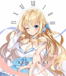  blonde_hair blue_bow blue_eyes blush bow breasts character_name choker cleavage dress english_commentary female frilled_choker frills hairbow highres large_breasts long_hair lumilive one_eye_closed open_hand outstretched_arm runa_kei smile solo therrao upper_body virtual_youtuber white_dress wrist_cuffs 