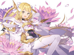  :d bare_shoulders black_gloves black_leotard blonde_hair blush bow brown_eyes commentary_request feet_out_of_frame female flower gloves hairbow half_gloves leotard long_hair long_sleeves looking_at_viewer magical_girl mankai nogi_sonoko open_mouth petals pink_flower rie_(reverie) simple_background smile solo very_long_hair water_drop water_lily_flower white_background white_bow white_leotard white_sleeves wide_sleeves yuuki_yuuna_wa_yuusha_de_aru yuusha_de_aru 