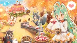  3girls :3 acorn ahoge akashi_(azur_lane) animal_ears autumn_leaves azur_lane bell bird black_hair cat_ears chick choker commentary_request conveyor_belt diagonal_bangs diamond_(gemstone) eyes_visible_through_hair feline fox_ears fox_tail green_hair hair_ornament hair_over_one_eye hairpin half_updo hat headgear heart heart-shaped_pupils highres japanese_clothes kimono kuma_(pompon_tail) leaf long_hair machine manjuu_(azur_lane) maple_leaf meowfficer_(azur_lane) multiple_girls neck_bell obi obiage obijime peaked_cap red_eyes ribbon_choker sash shiranui_(azur_lane) short_hair sleeves_past_fingers sleeves_past_wrists spoken_heart squatting symbol-shaped_pupils tail tree wide_sleeves yellow_eyes yuubari_(azur_lane) 