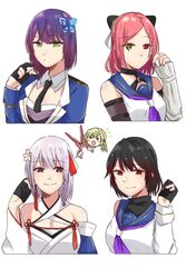  5girls :d alternate_hair_length alternate_hairstyle arm_at_side arm_belt assault_lily bare_shoulders belt black_belt black_choker black_gloves black_hair black_necktie black_shirt blue_eyes blue_jacket blue_sailor_collar braid breasts butterfly_hair_ornament chibi chibi_inset choker cleavage closed_mouth collared_shirt commentary criss-cross_halter cropped_torso detached_sleeves epaulettes flower funada_kiito funada_ui gloves gradient_hair green_eyes green_hair grey_hair hair_flower hair_ornament hair_ribbon hairclip hairpods half_gloves halterneck hand_up heterochromia highres holding holding_own_hair holding_scissors holding_weapon jacket japanese_clothes kawabata_hotaru kimono large_breasts layered_sleeves light_blush long_sleeves looking_ahead looking_at_viewer mole mole_under_eye mole_under_mouth multicolored_hair multiple_girls nagasawa_yuki_(assault_lily) neckerchief necktie nigari_(ngari_0115) notice_lines o-ring o-ring_choker odaiba_girls_high_school_uniform open_mouth partially_fingerless_gloves purple_eyes purple_hair purple_neckerchief red_eyes red_hair red_ribbon ribbon sailor_collar school_uniform scissors serafuku shiba_tomoshibi shirt short_hair siblings side_braid simple_background single_braid sisters sleeveless sleeveless_shirt sleeves_past_wrists smile sweatdrop symbol-only_commentary tassel tassel_hair_ornament two-tone_hair undershirt upper_body weapon white_background white_flower white_kimono white_ribbon white_shirt wide_sleeves 