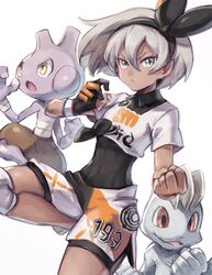  bad_id bad_twitter_id bea_(pokemon) black_bodysuit black_hairband bodysuit bodysuit_under_clothes clenched_hand closed_mouth collared_shirt commentary covered_navel dark-skinned_female dark_skin dynamax_band female gloves grey_eyes grey_hair hair_between_eyes hairband highres knee_pads looking_at_viewer machop pokemon pokemon_(creature) pokemon_swsh print_shirt print_shorts shirt short_hair short_sleeves shorts single_glove takase_(takase1214) tied_shirt tyrogue 