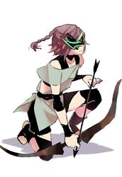  arrow_(projectile) bow bow_(weapon) braid brown_hair chinese_commentary choker collarbone commentary_request holding holding_arrow holding_bow_(weapon) holding_weapon jiayu_long mask masked patapon photoshop_(medium) shadow simple_background single_braid smile weapon white_background yumiyacha_(patapon) 