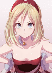  :t bare_shoulders blonde_hair blue_eyes breasts cleavage commentary female grey_background hair_between_eyes hairband hands_on_own_hips highres irida_(pokemon) looking_at_viewer medium_breasts pokemon pokemon_legends:_arceus pout red_hairband red_shirt shirt short_hair simple_background solo strapless strapless_shirt tiara upper_body yue_(lov_n_n) 