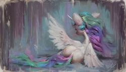  2020 alicorn ass assasinmonkey cutie_mark digital_media_(artwork) digital_painting_(artwork) equid equine feathered_wings feathers female feral friendship_is_magic hair hasbro horn mammal multicolored_hair my_little_pony mythological_creature mythological_equine mythology princess_celestia_(mlp) rear_view semi-anthro solo spread_wings white_body white_feathers wings 