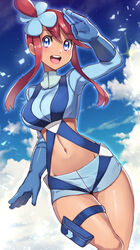  blue_eyes blue_gloves blue_jacket blue_shorts blush breasts cloud commentary crop_top cropped_jacket day eyelashes female gloves hair_ornament highres jacket looking_at_viewer midriff navel one_side_up open_mouth outdoors pokemon pokemon_bw pouch red_hair salute shiny_skin short_hair_with_long_locks short_shorts shorts sidelocks sky skyla_(pokemon) smile solo teeth thigh_pouch tongue turtleneck upper_teeth_only yasu_suupatenin 