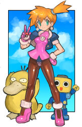  black_eyes blush breasts cosplay crossover crotch_plate dakusuta earrings female full_body gloves green_eyes hand_on_own_hip highres holding holding_poke_ball iizuka_mayumi jewelry kasumi_(pokemon) mega_man_(series) mega_man_legends_(series) orange_hair pantyhose poke_ball poke_ball_(basic) pokemon pokemon_(creature) pokemon_rgby psyduck robot servbot_(mega_man) short_hair side_ponytail smile standing tron_bonne_(mega_man) tron_bonne_(mega_man)_(cosplay) v voice_actor_connection waving 