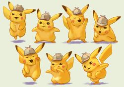  1988_aerobics_championship :d bad_id bad_twitter_id brown_eyes closed_eyes clothed_pokemon commentary_request dab_(dance) dancing detective_pikachu detective_pikachu_(character) fluffy grey_headwear hat legs_apart misica multiple_views no_humans open_mouth parody pikachu pokemon pokemon_(creature) smile standing yellow_fur 