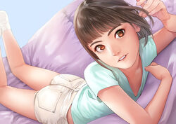  ankle_socks arm_support bad_id bad_pixiv_id bed_sheet blunt_bangs bob_cut brown_eyes brown_hair commentary_request dutch_angle eyelashes feet_up female foreshortening green_shirt lips looking_at_viewer loose_hair_strand lying midriff_peek on_bed on_stomach original parted_lips playing_with_own_hair shirt short_hair short_sleeves shorts socks solo t-shirt teeth torii_yoshitsuna upper_teeth_only white_shorts white_socks 