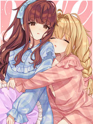  2girls blonde_hair blue_bow blue_dress blue_hairband blush bow braid breasts brown_eyes brown_hair closed_eyes collared_shirt commentary dress dress_shirt fate/extra fate_(series) frilled_pillow frilled_shirt_collar frills gingham gingham_dress gingham_pajamas gingham_shirt gingham_shorts hair_between_eyes hair_intakes hairband hairbow highres hug hug_from_behind karokuchitose kishinami_hakuno_(female) long_hair long_sleeves multiple_girls nero_claudius_(fate) pajamas parted_lips pillow pink_background pink_bow pink_pajamas pink_shirt pink_shorts puffy_long_sleeves puffy_sleeves shirt shorts sleeves_past_wrists underboob very_long_hair yuri 