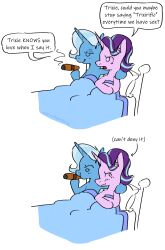  after_sex apricotposting arm_on_shoulder bed blue_blanket blue_body blue_hair blue_highlights blush blush_lines cigar crossed_arms duo equid equine female female/female feral friendship_is_magic furniture hair half-closed_eyes hasbro hi_res highlights_(coloring) horn looking_at_another looking_at_partner mammal my_little_pony mythological_creature mythological_equine mythology narrowed_eyes open_mouth pillow purple_body purple_hair simple_background smoking smoking_cigar speech_bubble starlight_glimmer_(mlp) trixie_(mlp) under_covers unicorn white_background 