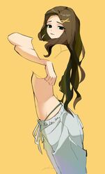  blending brown_hair commentary female forehead highleg highleg_panties highres kimura_731 long_hair looking_at_viewer looking_to_the_side original panties shirt shirt_hold solo symbol-only_commentary underwear undressing very_long_hair yellow_shirt 