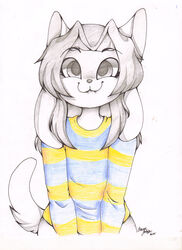  :3 absurd_res anthro bite biting_lip bottomless canid canine clothed clothing curtained_hair felid feline female freeze-pop88 fur grey_eyes grey_hair hair hi_res looking_at_viewer mammal pattern_clothing pattern_shirt pattern_topwear shirt smile solo striped_clothing striped_shirt striped_topwear stripes tem temmie_(undertale) topwear undertale undertale_(series) white_body white_fur 