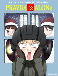  3girls alternate_costume amogan black_gloves black_headwear blonde_hair blunt_bangs bob_cut brown_hair closed_eyes closed_mouth commentary constricted_pupils crossover dated emblem english_text facing_another frown girls_und_panzer girls_und_panzer_saishuushou gloves green_jumpsuit grin hands_on_own_face hat helmet highres home_alone jumpsuit katyusha_(girls_und_panzer) long_sleeves looking_at_another looking_at_viewer mika_(girls_und_panzer) mikko_(girls_und_panzer) multiple_girls oerba_yun_fang open_mouth parody pravda_(emblem) pravda_military_uniform red_eyes red_hair red_headwear santa_costume santa_hat short_hair smile snowing sweatdrop tank_helmet v-shaped_eyes window 