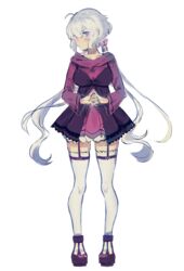  aisutabetao female full_body highres long_hair looking_at_viewer own_hands_together pout purple_eyes senki_zesshou_symphogear simple_background solo tachi-e thighhighs white_background white_hair yukine_chris 