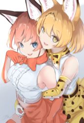  2girls absurdres animal_ear_fluff animal_ears arm_held_back bare_shoulders blonde_hair bow bowtie breasts caracal_(kemono_friends) center_frills commentary cowboy_shot ears_visible_through_hair elbow_gloves extra_ears eyes_visible_through_hair fangs frills gloves high-waist_skirt highres hug hug_from_behind kemono_friends looking_at_viewer mine_tsukasa multiple_girls open_mouth orange_bow orange_bowtie print_bow print_bowtie red_hair serval_(kemono_friends) serval_print shirt short_hair signature simple_background skirt sleeveless sleeveless_shirt smile traditional_bowtie two-tone_bowtie unbuttoning white_background white_bow white_bowtie white_shirt yellow_bow yellow_bowtie yuri 