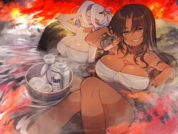  2girls :o beer_can blush bon_(vtuber) breasts brown_hair can character_request check_character cleavage closed_eyes dark-skinned_female dark_skin drink_can feet_out_of_frame grin highres holding holding_can in_water indie_virtual_youtuber large_breasts long_hair looking_at_viewer multiple_girls naked_towel nebu_(vtuber) onsen open_mouth parted_lips partially_submerged ripples rock same-sex_bathing second-party_source shared_bathing smile steam teeth tokkuri towel virtual_youtuber washbowl water white_hair yugami_gooshu 