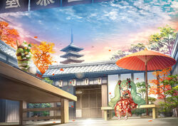  aqua_hair architecture autumn_leaves bench bow bowl bug closed_eyes cloud cloudy_sky commentary cup day dragonfly east_asian_architecture eating female floral_print flower hair_flower hair_ornament hairbow hatsune_miku highres holding holding_bowl holding_spoon japanese_clothes kimono lantern leaf maple_leaf namaru_(summer_dandy) oil-paper_umbrella outdoors parfait photoshop_(medium) plant potted_plant red_kimono sandals scenery sitting sky smile solo spoon striped striped_bow temple tree umbrella vocaloid wide_shot yasaka_pagoda 