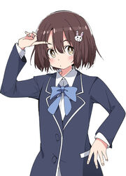  bad_id bad_pixiv_id blazer blue_bow blue_bowtie blush bob_cut bow bowtie bright_pupils brown_eyes brown_hair commentary_request female hair_ornament ixy jacket kono_bijutsubu_niwa_mondai_ga_aru! long_sleeves looking_at_viewer rabbit_hair_ornament school_uniform short_hair simple_background solo usami_mizuki white_background white_pupils 