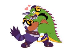  anthro big_the_cat crocodile crocodilian crocodylid duo electronics fur green_body green_scales headphones heart_symbol hi_res hug male male/male overweight overweight_male purple_body purple_fur reptile scales scalie sega sonic_the_hedgehog_(series) splashburr vector_the_crocodile 