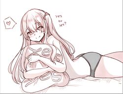  ? absurdres bed_sheet blush english_commentary english_text feet_out_of_frame female girls&#039;_frontline heart highres hugging_object long_hair one_side_up panties peroronti pillow pillow_hug scar scar_across_eye simple_background smile solo speech_bubble topless ump45_(girls&#039;_frontline) underwear white_background yes yes-no_pillow 