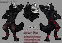  anthro azki_(azki_wolf) black_body black_fur bottomwear canid canine canis clothing english_text fur heterochromia hungrybox_entertainment male mammal model_sheet muscular muscular_male pants red_stripes solo stripes text white_body white_fur wolf 