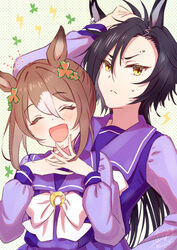  2girls air_shakur_(umamusume) animal_ears black_hair blush breasts brown_hair closed_mouth clover clover_hair_ornament commentary dotted_background eyebrow_piercing facing_viewer fine_motion_(umamusume) hair_ornament hand_in_own_hair highres horse_ears horse_girl lightning_bolt_symbol long_hair long_sleeves looking_at_viewer medium_breasts multicolored_hair multiple_girls own_hands_together parted_bangs piercing purple_shirt sailor_collar school_uniform shirt slit_pupils smile sweatdrop tracen_school_uniform two-tone_hair umamusume upper_body v-shaped_eyebrows watawatage yellow_eyes 