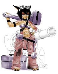  2021 abs alternate_costume ammunition anthro artificer bandeau barefoot biceps bodily_fluids breasts canid canine canis clothing dobermann dog_knight_rpg domestic_dog eyewear eyewear_on_head feet female goggles goggles_on_head hardtones hi_res mammal muscular muscular_anthro muscular_female pinscher ranged_weapon rocket_launcher rory_(ceehaz) solo sweat tools topwear under_boob weapon wrench 