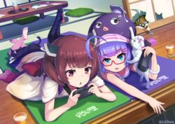  2girls ahoge barefoot black_cat blue_eyes blue_skirt book brown_eyes brown_hair calico cat_on_ass chabudai_(table) character_name cheek_press commentary cushion eel_hat eraser feet_up feline glass handheld_game_console hat headgear hibi_tsuna highres holding holding_handheld_game_console japanese_clothes kimono lying miniskirt mortarboard multiple_girls on_stomach open_book otomachi_una otomachi_una_(talkex) purple_hair purple_headwear purple_shirt raised_eyebrow reaching sailor_collar shirt short_hair skirt sliding_doors table talkex tatami touhoku_kiritan tray twitter_username voiceroid white_cat white_kimono white_sailor_collar wooden_floor zabuton 