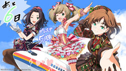  3girls ahoge aircraft airplane anniversary aqua_eyes armpits black_hair boeing_737 commentary_request countdown earrings freckles frilled_skirt frills garrison_cap gloves gold_trim green_eyes hair_ornament hair_ribbon hairclip han_nigo hat heart heart_ahoge highres idolmaster idolmaster_cinderella_girls idolmaster_cinderella_girls_starlight_stage jewelry kate_(idolmaster) layered_skirt light_brown_hair looking_at_viewer medium_hair multiple_girls navel official_art one_eye_closed outdoors pantyhose pencil_skirt ribbon sato_shin short_sleeves skirt sky soma_natsumi thigh_strap travel_attendant twintails white_gloves wrist_cuffs 