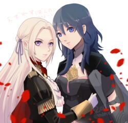  2girls armor blonde_hair blue_eyes blue_hair blush breasts byleth_(female)_(fire_emblem) byleth_(fire_emblem) commentary_request edelgard_von_hresvelg fire_emblem fire_emblem:_three_houses garreg_mach_monastery_uniform hair_ornament hair_ribbon long_hair looking_at_viewer medium_hair multiple_girls protected_link ribbon short_hair simple_background smile upper_body white_background yukiyanagi_raki yuri 