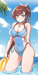  absurdres black_survival breasts brown_hair cleavage collarbone commentary_request competition_swimsuit covered_navel female fiora_pellerin green_eyes highleg highleg_swimsuit highres jewelry kisa_(leg3043) korean_commentary large_breasts long_hair looking_at_viewer one-piece_swimsuit outdoors partially_submerged pendant ponytail solo swimsuit 