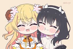  2girls ^_^ animal_ears bare_shoulders bear_ears black_hair blonde_hair blush blush_stickers bow bow_hairband bowtie brown_background cheek-to-cheek cheek_press cheek_squash chibi chibi_only closed_eyes collar collared_dress commentary dress english_commentary flower frilled_collar frilled_dress frilled_sleeves frills hair_flower hair_intakes hair_ornament hairband happy heads_together heart heart_ribbon hololive indie_virtual_youtuber kukie-nyan long_hair mole mole_under_eye momosuzu_nene momosuzu_nene_(1st_costume) multiple_girls neck_ribbon nishizaa-san open_mouth orange_dress orange_ribbon ribbon short_sleeves short_twintails simple_background sleeveless sleeveless_sweater smile sweater teeth turtleneck turtleneck_sweater twintails twitter_username two_side_up virtual_youtuber watermark white_hairband white_sleeves 