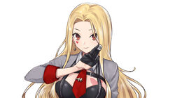  absurdres black_gloves blonde_hair breasts brown_eyes bug butterfly butterfly_tattoo closed_mouth commentary_request earrings facial_mark female forehead g9_(jiiku) gloves half_gloves heart heart_earrings heart_facial_mark highres holding holding_mahjong_tile jewelry large_breasts long_hair looking_at_viewer luis_cammy luis_cammy_(2nd_costume) mahjong mahjong_tile mole mole_under_mouth necktie nijisanji red_necktie shrug_(clothing) simple_background smile solo tattoo upper_body very_long_hair virtual_youtuber white_background 