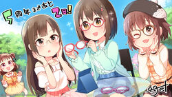  4girls anniversary beret bespectacled black_hair blush brown_eyes brown_hair cardigan chair check_commentary commentary_request countdown double_bun dress glasses groping_motion hair_bun hair_ornament hairclip hat highres idolmaster idolmaster_cinderella_girls idolmaster_cinderella_girls_starlight_stage kamijo_haruna kita_hinako kuma_jet long_hair long_sleeves mizumoto_yukari multiple_girls munakata_atsumi official_art open_cardigan open_clothes open_mouth outdoors pink_eyes short_hair signature sitting skirt smile table translated 