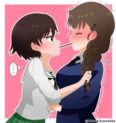  2girls bad_id bad_pixiv_id blush braid braided_ponytail breasts brown_eyes brown_hair closed_eyes food girls_und_panzer hair_ornament hair_ribbon highres isobe_noriko large_breasts long_hair looking_at_another multiple_girls ooarai_school_uniform pink_background pocky pocky_day pocky_kiss ribbon rukuriri_(girls_und_panzer) school_uniform short_hair simple_background size_difference small_breasts st._gloriana&#039;s_school_uniform tanutika trembling yuri 