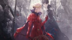  armor armored_dress axe black_hair cape closed_eyes closed_mouth commentary_request dress edelgard_von_hresvelg female fire_emblem fire_emblem:_three_houses gloves highres holding holding_axe horns hubert_von_vestra long_sleeves multiple_boys outdoors red_cape red_dress red_gloves sidelocks smile thkani white_hair 