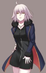  ahoge black_dress breasts brown_background collarbone commentary_request cowboy_shot dress fate/grand_order fate_(series) female fur_collar fur_trim grey_hair hair_between_eyes jacket jeanne_d&#039;arc_alter_(fate) jeanne_d&#039;arc_alter_(ver._shinjuku_1999)_(fate) jewelry large_breasts looking_at_viewer necklace official_alternate_costume open_clothes open_jacket open_mouth short_hair simple_background solo tnk_(p_freaks) tsurime white_hair yellow_eyes 