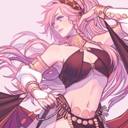  breasts cleavage close-up english_commentary faithom female fire_emblem fire_emblem_awakening fire_emblem_heroes floating_hair long_hair looking_to_the_side medium_breasts navel olivia_(fire_emblem) olivia_(performing_arts)_(fire_emblem) parted_lips pink_eyes pink_hair solo underboob very_long_hair 