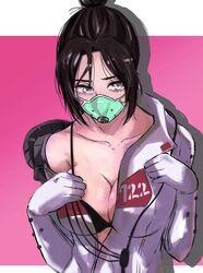  apex_legends black_bra bodysuit bra breasts cleavage collarbone female gloves grey_bodysuit grey_eyes grey_gloves hair_bun hand_on_own_chest highres mask medium_breasts mouth_mask off_shoulder official_alternate_costume parted_bangs pink_background quarantine_722_wraith shadow single_hair_bun solo tsuba_(tubaki89438490) underwear undressing wraith_(apex_legends) 