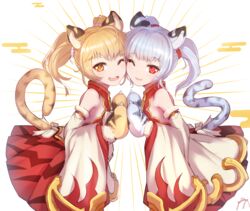  2girls ;d animal_ears animal_hands bai_(granblue_fantasy) bare_shoulders blonde_hair blue_hair cheek-to-cheek detached_sleeves dress erune gloves gollizo granblue_fantasy heads_together highres huang_(granblue_fantasy) looking_at_viewer multiple_girls one_eye_closed open_mouth orange_eyes paw_gloves red_eyes siblings signature simple_background sisters sleeveless sleeveless_dress smile tail teeth tiger_ears tiger_girl tiger_paws tiger_tail twins twintails upper_teeth_only white_background wide_sleeves 