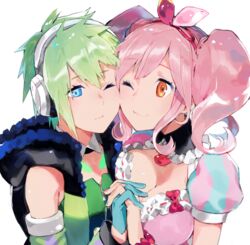  2girls aisutabetao asymmetrical_docking blue_eyes breast_press breasts brown_eyes cleavage flat_chest green_hair headphones heads_together large_breasts looking_at_another macross macross_delta makina_nakajima multiple_girls one_eye_closed pink_hair reina_prowler twintails yuri 