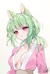  animal_ears beyumi breasts breasts_apart cat_ears cat_girl closed_mouth collarbone commentary ear_piercing extra_ears eyelashes facial_mark female green_hair highres long_sleeves looking_afar medium_breasts no_bra open_clothes open_shirt original piercing pink_eyes pink_robe robe signature simple_background solo split_mouth symbol-only_commentary upper_body whisker_markings white_background 