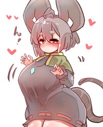  absurd_res ahoge animal_humanoid big_breasts big_ears blush breasts capelet clothed clothing dress exclamation_point female grey_hair hair heart_symbol hi_res humanoid jewelry mammal mammal_humanoid mouse_humanoid mouse_tail murid murid_humanoid murine murine_humanoid nazrin pendant red_eyes rodent rodent_humanoid sabitare short_hair solo touhou 