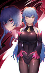  7t absurdres alternate_costume bell black_gloves black_leotard black_pantyhose black_sleeves blue_hair bow breasts commentary_request cowbell detached_sleeves female ganyu_(genshin_impact) genshin_impact gloves goat_horns hairbow highres horns large_breasts leotard long_hair looking_at_viewer multiple_views neck_bell pantyhose purple_eyes red_bow sidelocks sleeveless very_long_hair 