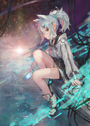  animal_ears arm_support black_shorts boots cellphone commentary_request eyebrows_hidden_by_hair female from_side full_body green_hair grey_hair hair_between_eyes hair_ornament hairclip headgear highres holding holding_phone jacket knee_up long_sleeves looking_at_viewer looking_to_the_side mizore_akihiro original partial_commentary phone ponytail short_shorts shorts sitting sleeves_past_wrists solo sparkle sunrise white_footwear white_jacket 