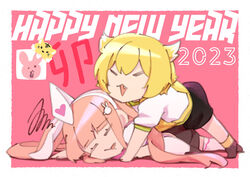  2girls animal_ears blonde_hair chibi closed_eyes denonbu english_text happy_new_year highres inali long_hair lying multiple_girls open_mouth pink_hair rabbit_ears sakurano_mimito shirt short_hair short_sleeves shorts taiga_lucia white_shirt 