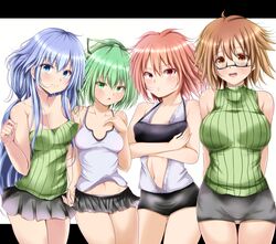  4girls absurdres andrew_(duel_angel) aqua_eyes aqua_hair arms_behind_back aussa_(yu-gi-oh!) aussa_the_earth_charmer breasts brown_eyes brown_hair center_opening collarbone commentary_request cowlick cropped_legs crossed_arms duel_monster eria_(yu-gi-oh!) eria_the_water_charmer frown glasses green_eyes green_hair hair_ribbon highres hiita_(yu-gi-oh!) hiita_the_fire_charmer holding_hands large_breasts long_hair medium_breasts midriff_peek miniskirt multiple_girls navel open_mouth pleated_skirt ponytail red_eyes red_hair ribbed_sweater ribbon semi-rimless_eyewear shirt short_hair shorts skirt sleeveless sleeveless_shirt sleeveless_turtleneck small_breasts smile strapless sweater tank_top turtleneck turtleneck_sweater wynn_(yu-gi-oh!) wynn_the_wind_charmer yu-gi-oh! 